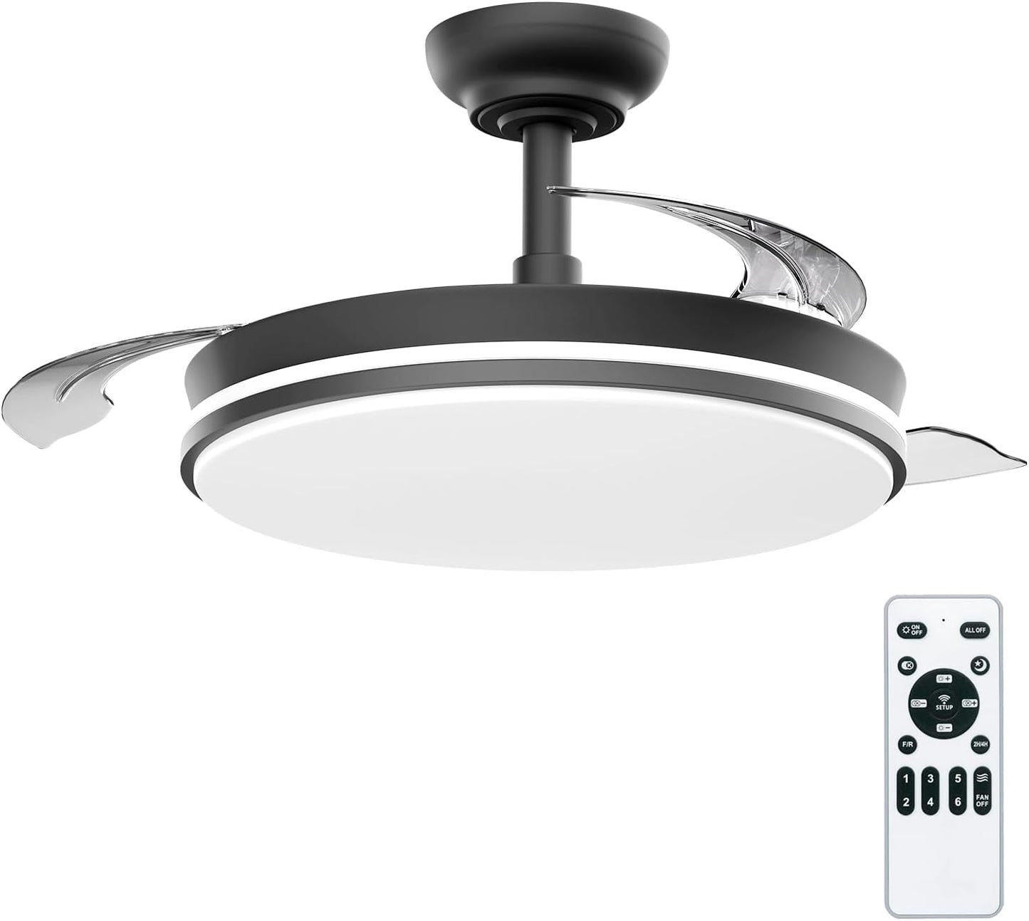 Ventilador de techo LEDUNI con luz y mando a distancia, 3 aspas con motor DC de 30 W + luz LED de 66 W, temporizador, 6 velocidades, aspas retráctiles, 3 temperaturas de luz, función silenciosa para verano e invierno (blanco, 50 cm)