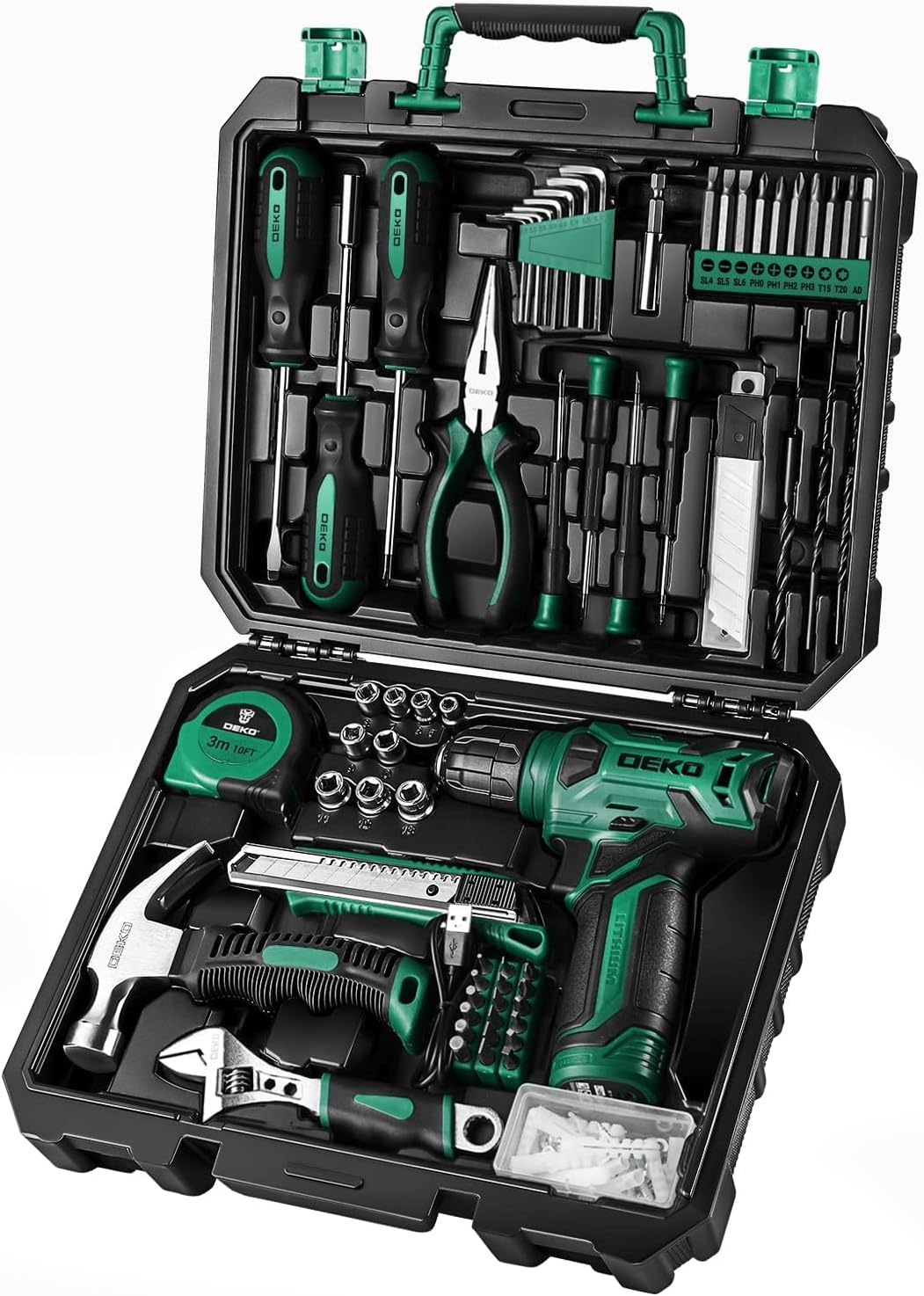 DEKO Juego Completo de Herramientas con Destornillador Eléctrico/Taladro de 8V, Maletín Profesional de 126 Piezas, Set Premium de Herramientas para Bricolaje en Hogar, Oficina y Jardín, Gris