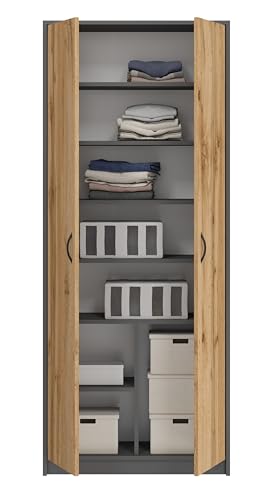 Armario multiusos con 2 portas e 8 conpartimentos, 180 x 74 x 35 cm, grafite/carvalho Wotan