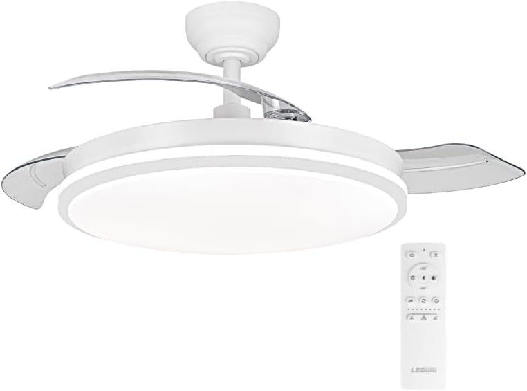 Ventilador de techo LEDUNI con luz y mando a distancia, 3 aspas con motor DC de 30 W + luz LED de 66 W, temporizador, 6 velocidades, aspas retráctiles, 3 temperaturas de luz, función silenciosa para verano e invierno (blanco, 50 cm)