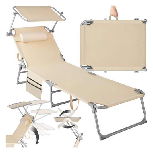 Tumbona Plegable de Jardín de Acero – Reclinable 6 Posiciones con Parasol, Reposacabezas y Bolsillo Lateral