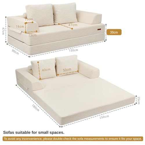 MeMoreCool Sofá-cama conversível, sofá dobrável de veludo con almofadas, sofá sem ossos, confortável sofá de dois lugares para sala de estar e quarto, cor bege