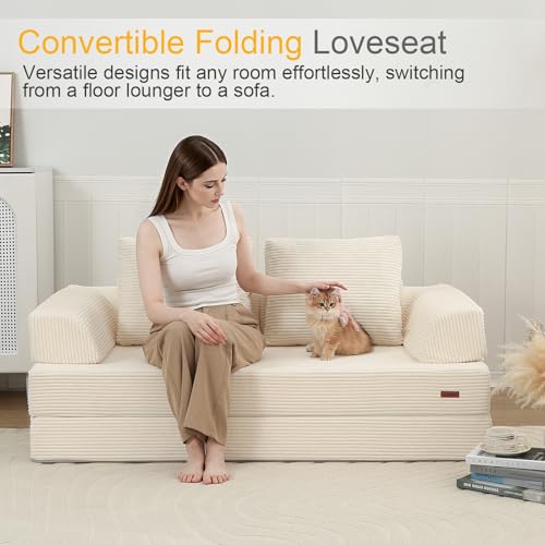 MeMoreCool Sofá-cama conversível, sofá dobrável de veludo con almofadas, sofá sem ossos, confortável sofá de dois lugares para sala de estar e quarto, cor bege
