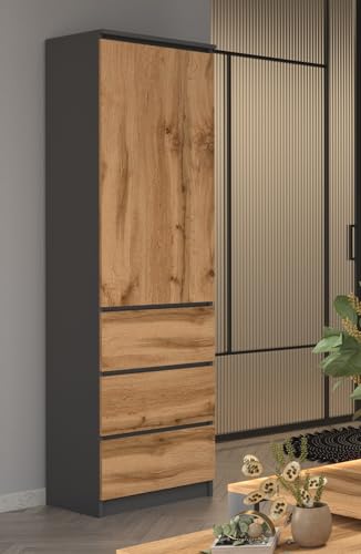Armario multiusos con 3 cajones, 3 conpartimentos e portas, armário para casa e escritório, 180,5 x 50 x 40 cm (grafite/carvalho Wotan)