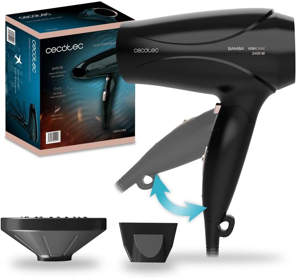 Secador de Pelo Iónico Cecotec Bamba IoniCare 5450 Power&Go Pro Fire. Potencia de 2400 W, iones auténticos, alto caudal de aire y función de aire frío. Incluye difusor. Diseño en negro con detalles en bronce.