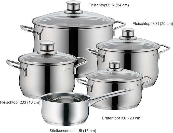 Batería de Cocina de 5 Piezas de Acero Inoxidable – Ollas Aptas para Inducción con Tapas de Cristal