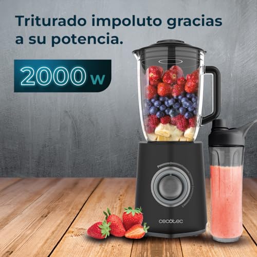 Cecotec Batidora de Vaso Power Black Titanium 2000MAX Mix Go. Potência Máxima de 2000W, Acabamentos em Acero Inoxidable, Cuchilla com Revestimento de Titanio Negro, Capacidade 1,5L