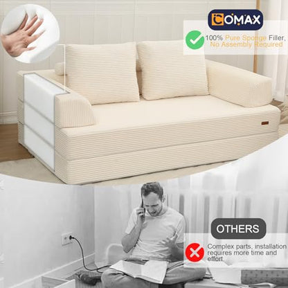 MeMoreCool Sofá-cama conversível, sofá dobrável de veludo con almofadas, sofá sem ossos, confortável sofá de dois lugares para sala de estar e quarto, cor bege