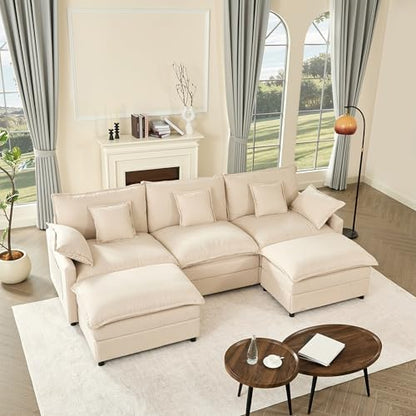 108" U-Shaped Modular Sofá, 3-Seater Sectional Couch, Cloud Couch with Movable Ottoman, Deep Seat Sofás for Living Room (Soft Pink, 108" - U Shape)
