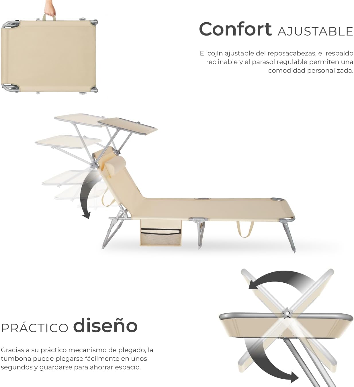 Tumbona Plegable de Jardín de Acero – Reclinable 6 Posiciones con Parasol, Reposacabezas y Bolsillo Lateral