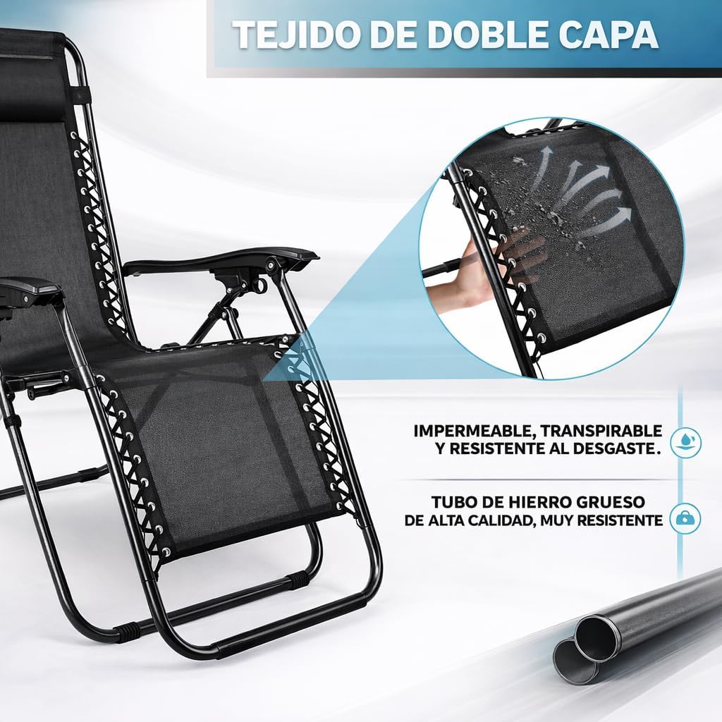 Pack de 2 Tumbonas Plegables de Exterior – Reclinables con Reposacabezas y Portavasos, Hasta 150 kg