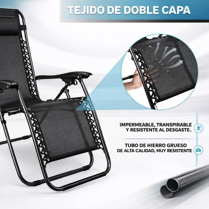 Pack de 2 Tumbonas Plegables de Exterior – Reclinables con Reposacabezas y Portavasos, Hasta 150 kg