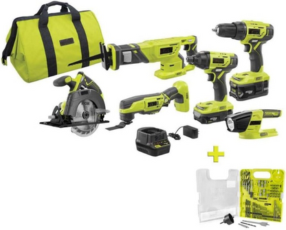 6 herramientas inalámbricas con (2) baterías, cargador y bolsa con kit adicional de taladro y llave inglesa (60 piezas)