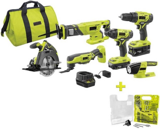 6 herramientas inalámbricas con (2) baterías, cargador y bolsa con kit adicional de taladro y llave inglesa (60 piezas)