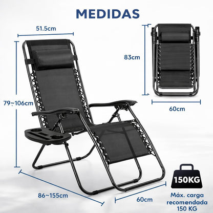 Pack de 2 Tumbonas Plegables de Exterior – Reclinables con Reposacabezas y Portavasos, Hasta 150 kg