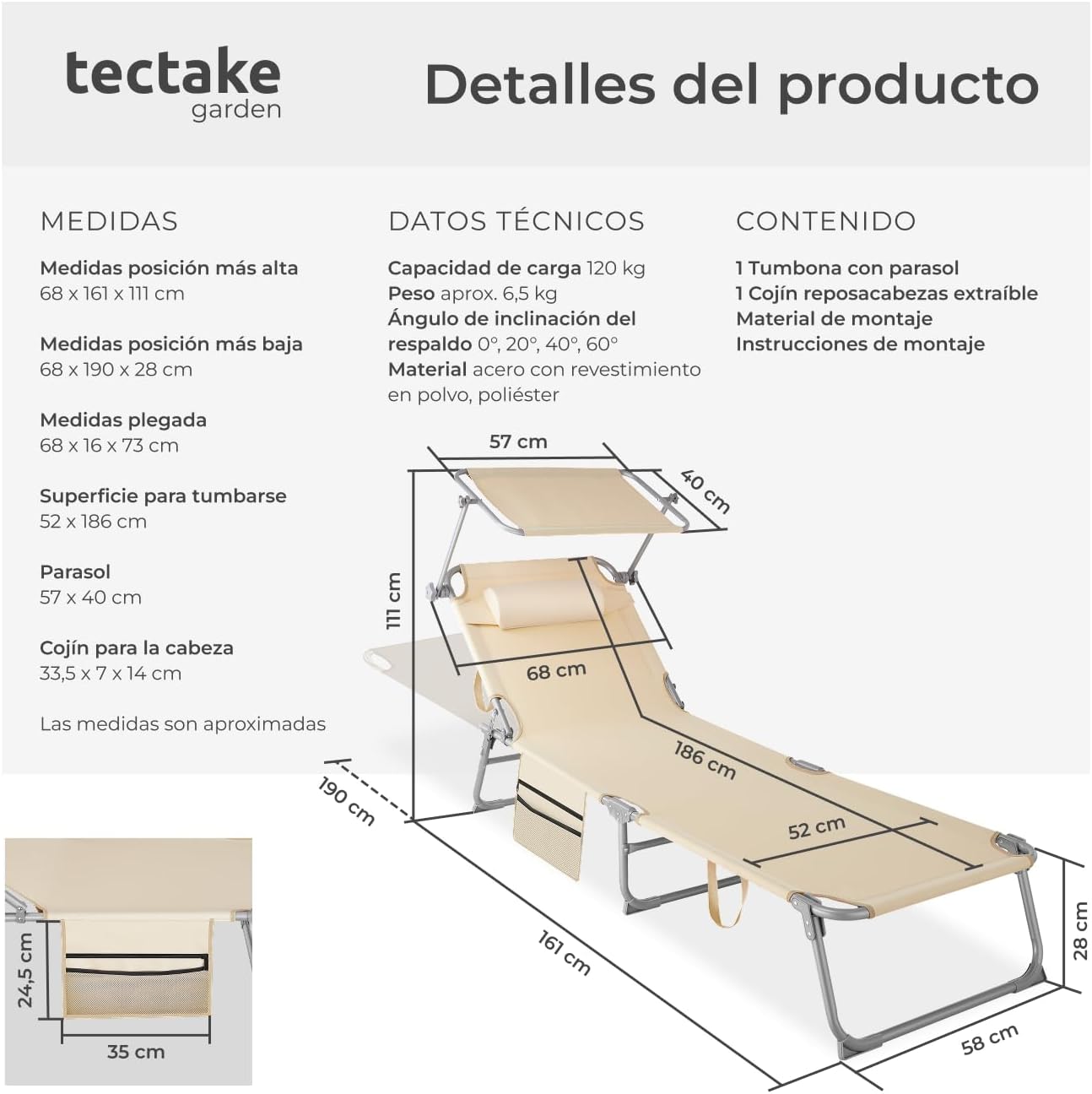 Tumbona Plegable de Jardín de Acero – Reclinable 6 Posiciones con Parasol, Reposacabezas y Bolsillo Lateral