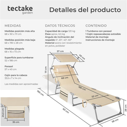 Tumbona Plegable de Jardín de Acero – Reclinable 6 Posiciones con Parasol, Reposacabezas y Bolsillo Lateral