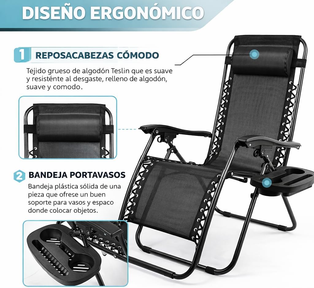 Pack de 2 Tumbonas Plegables de Exterior – Reclinables con Reposacabezas y Portavasos, Hasta 150 kg
