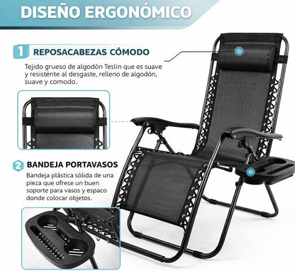 Pack de 2 Tumbonas Plegables de Exterior – Reclinables con Reposacabezas y Portavasos, Hasta 150 kg