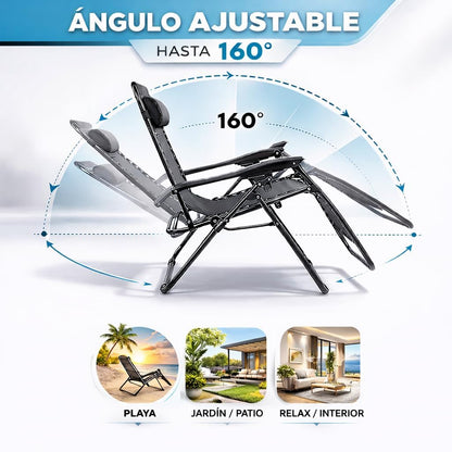 Pack de 2 Tumbonas Plegables de Exterior – Reclinables con Reposacabezas y Portavasos, Hasta 150 kg