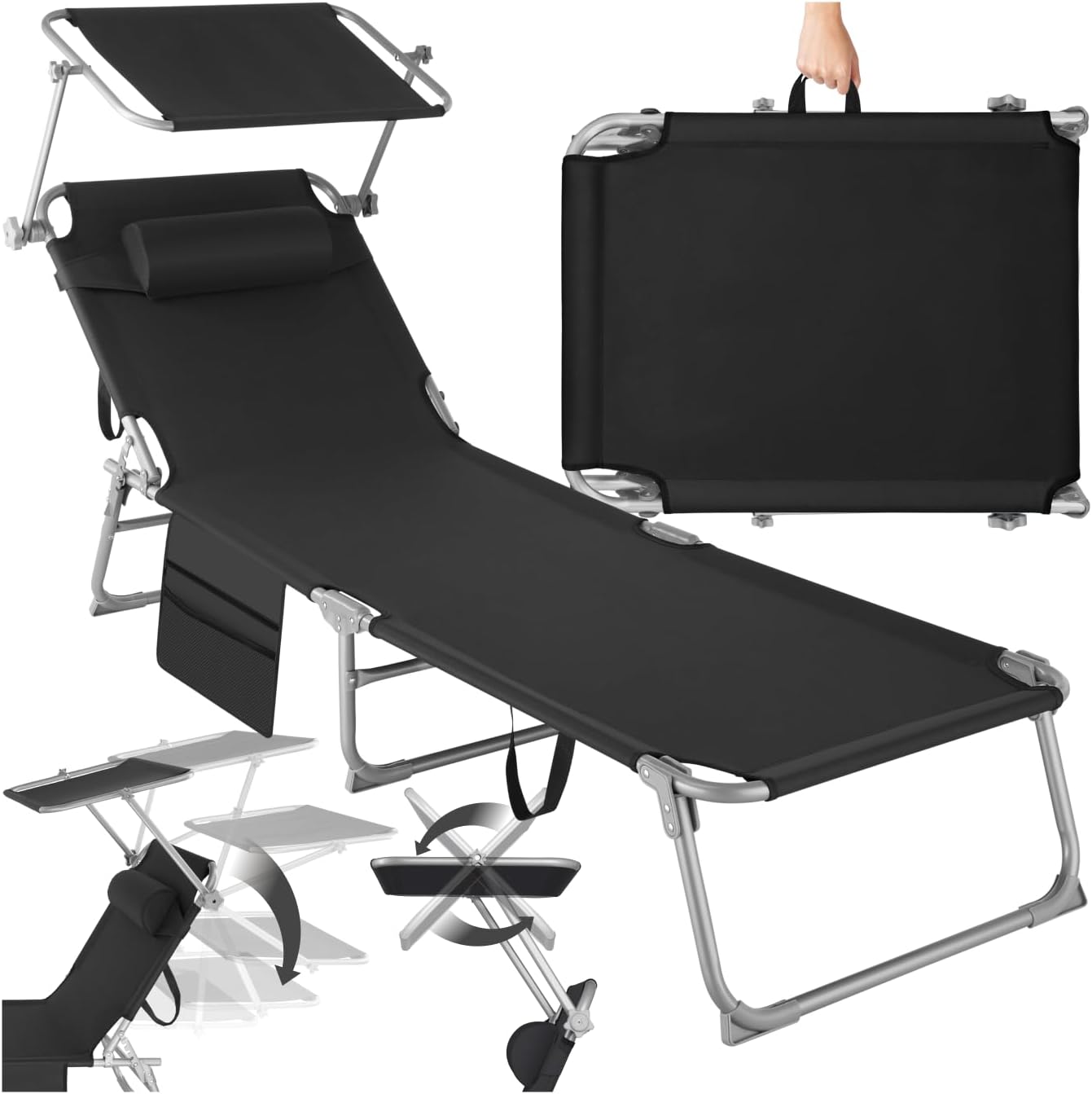 tectake® Tumbona de Jardín Exterior en Acero, Plegable con Reposacabezas, Parasol y Bolsillo Lateral, Reclinable en 6 Posiciones, Ideal para Piscina y Resistente a la Intemperie – Gris