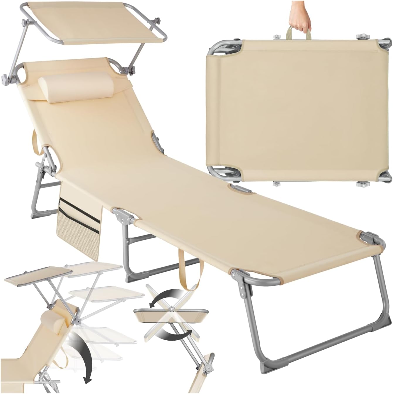 tectake® Tumbona de Jardín Exterior en Acero, Plegable con Reposacabezas, Parasol y Bolsillo Lateral, Reclinable en 6 Posiciones, Ideal para Piscina y Resistente a la Intemperie – Gris