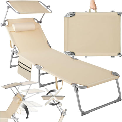 tectake® Tumbona de Jardín Exterior en Acero, Plegable con Reposacabezas, Parasol y Bolsillo Lateral, Reclinable en 6 Posiciones, Ideal para Piscina y Resistente a la Intemperie – Gris