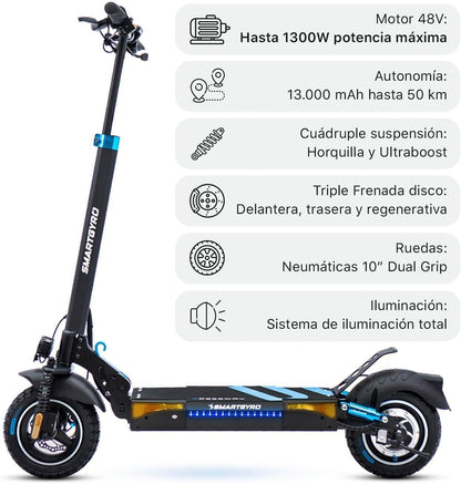 SMARTGYRO Speedway - Patinete Eléctrico para Adultos con Motor de 500W 48V, Batería 12.500 mAh, Doble suspensión Reforzada, Frenos de Disco, 4 Intermitentes, Scooter, 3 Modos de conducción