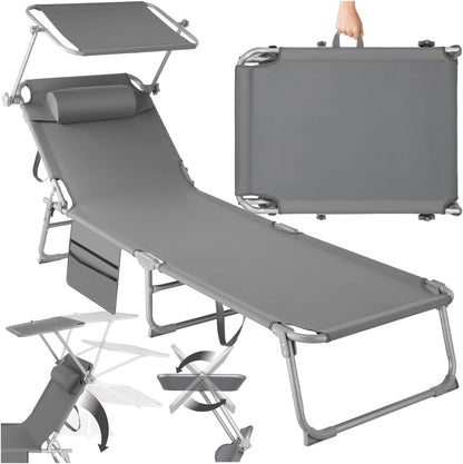 tectake® Tumbona de Jardín Exterior en Acero, Plegable con Reposacabezas, Parasol y Bolsillo Lateral, Reclinable en 6 Posiciones, Ideal para Piscina y Resistente a la Intemperie – Gris