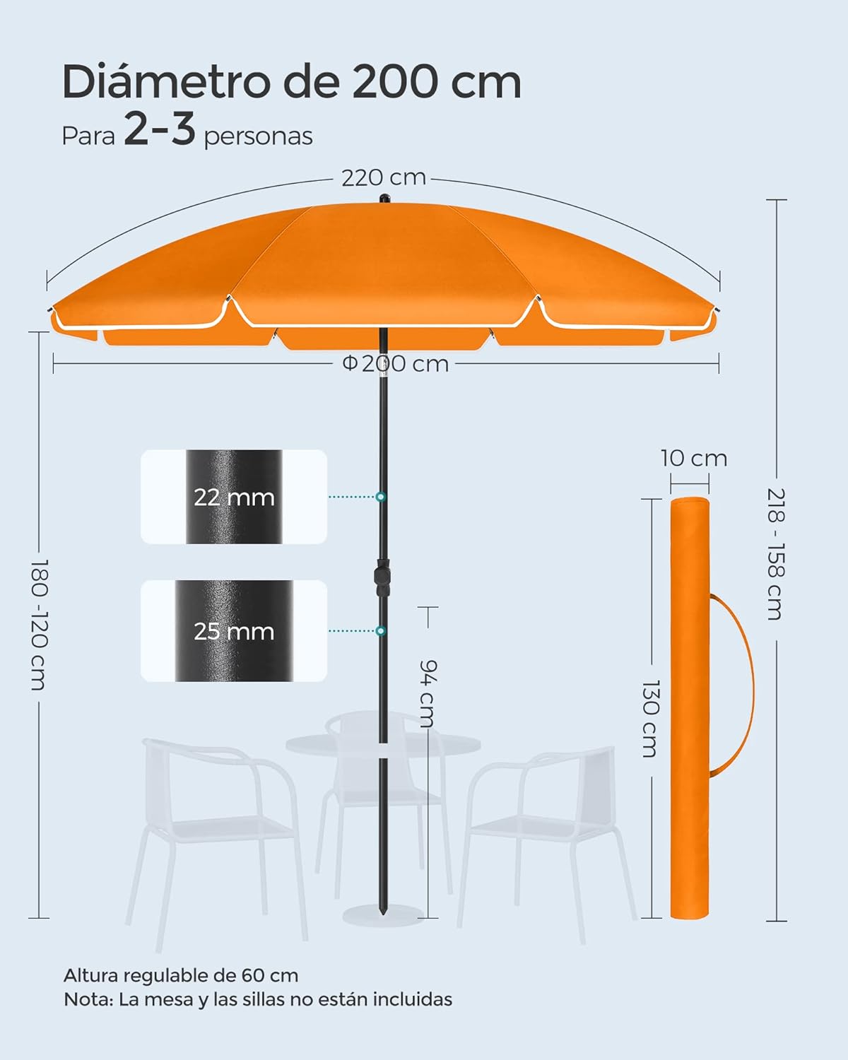 Sombrilla de Playa y Jardín 200 cm – Protección UPF 50+, Inclinación Ajustable y Altura Regulable con Bolsa de Transporte