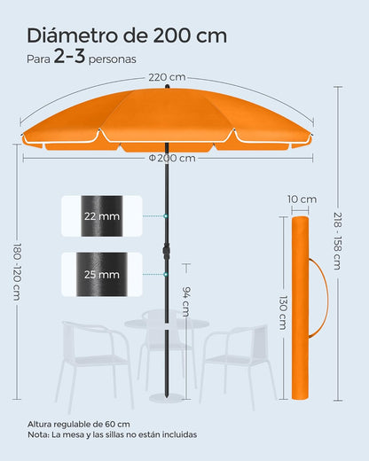 Sombrilla de Playa y Jardín 200 cm – Protección UPF 50+, Inclinación Ajustable y Altura Regulable con Bolsa de Transporte
