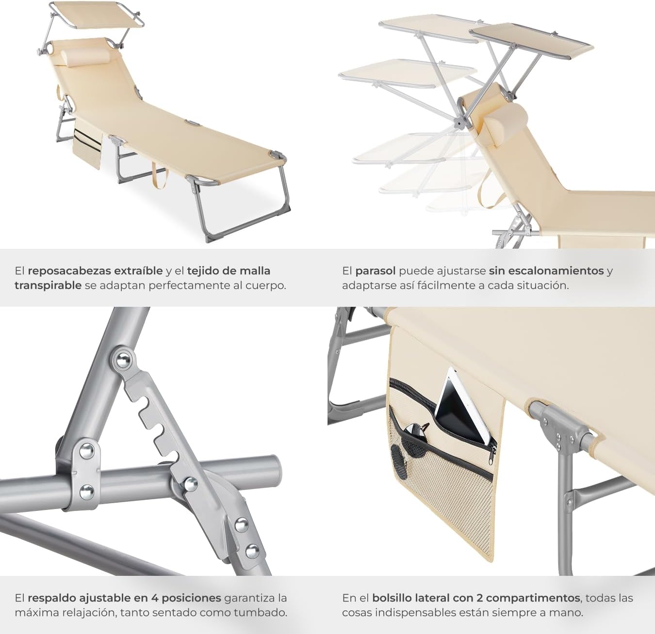 Tumbona Plegable de Jardín de Acero – Reclinable 6 Posiciones con Parasol, Reposacabezas y Bolsillo Lateral