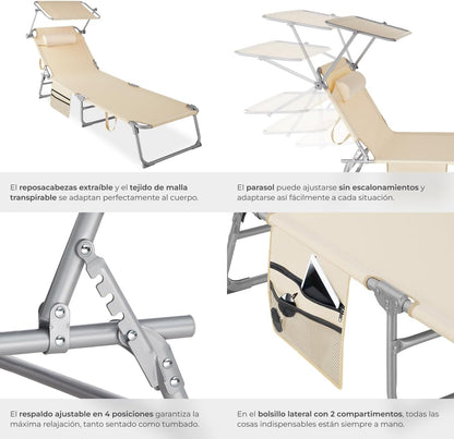Tumbona Plegable de Jardín de Acero – Reclinable 6 Posiciones con Parasol, Reposacabezas y Bolsillo Lateral