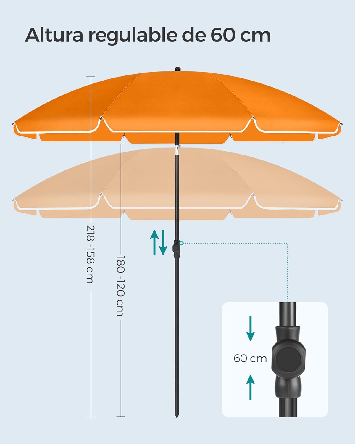 Sombrilla de Playa y Jardín 200 cm – Protección UPF 50+, Inclinación Ajustable y Altura Regulable con Bolsa de Transporte