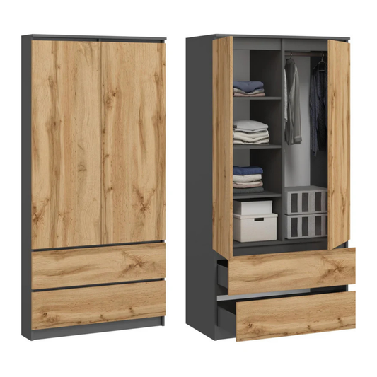 Armario Grande Multiusos con 2 Puertas, 2 Cajones y Perchero – 180 x 90 x 50,5 cm