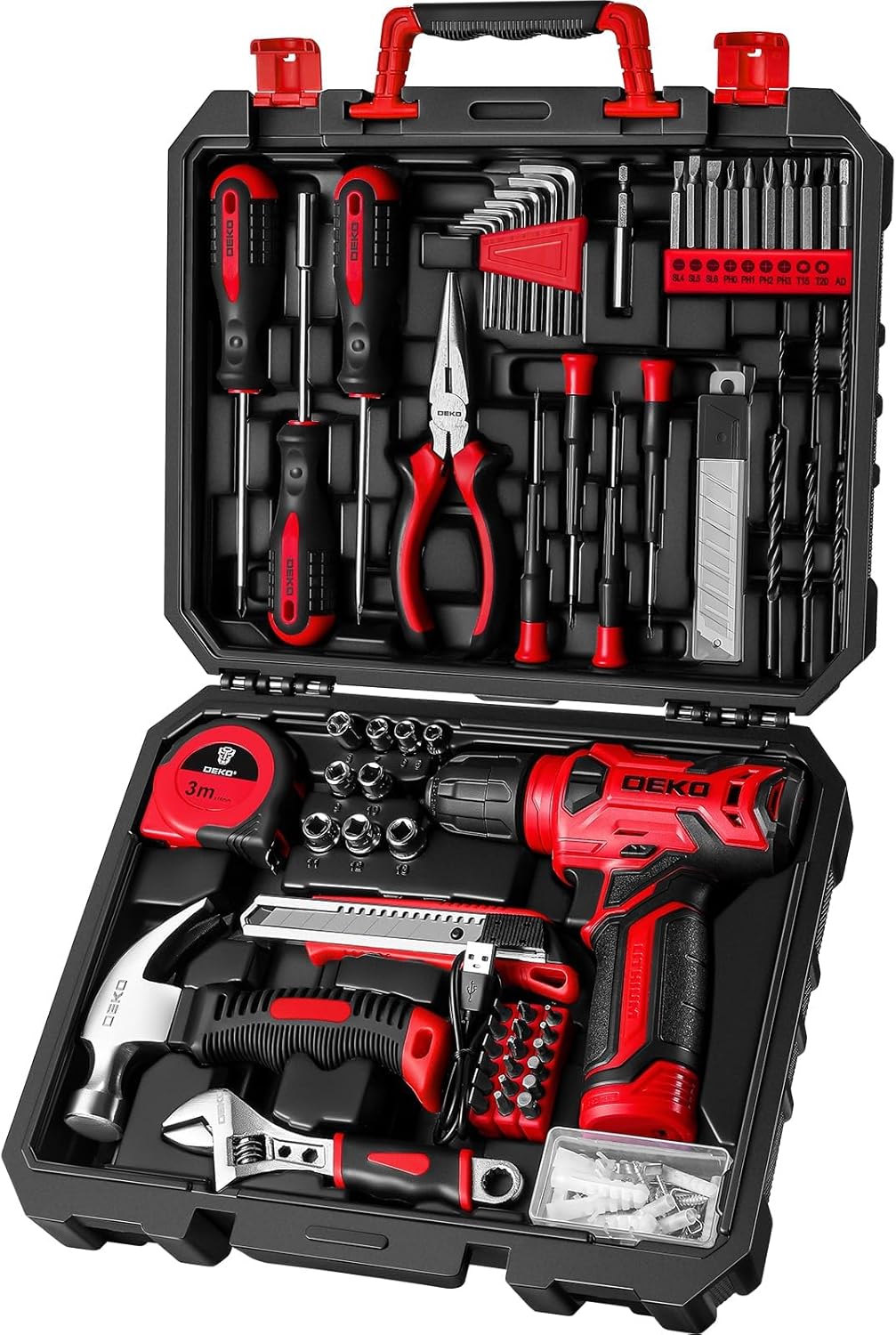 DEKO Juego Completo de Herramientas con Destornillador Eléctrico/Taladro de 8V, Maletín Profesional de 126 Piezas, Set Premium de Herramientas para Bricolaje en Hogar, Oficina y Jardín, Gris