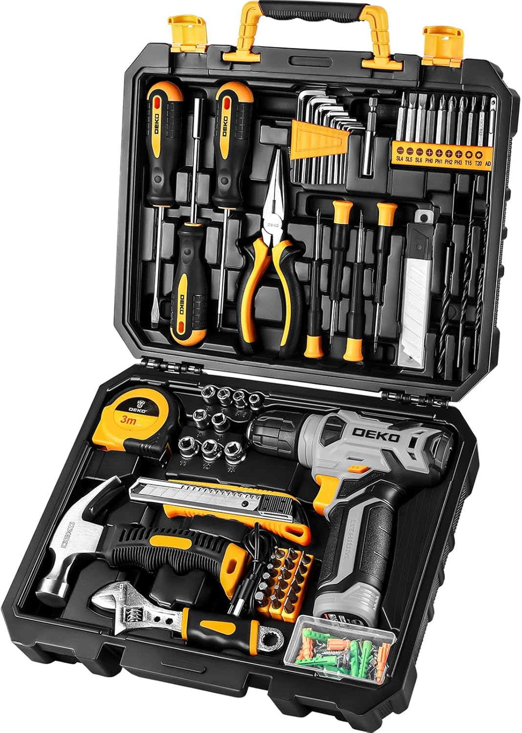 DEKO Juego Completo de Herramientas con Destornillador Eléctrico/Taladro de 8V, Maletín Profesional de 126 Piezas, Set Premium de Herramientas para Bricolaje en Hogar, Oficina y Jardín, Gris