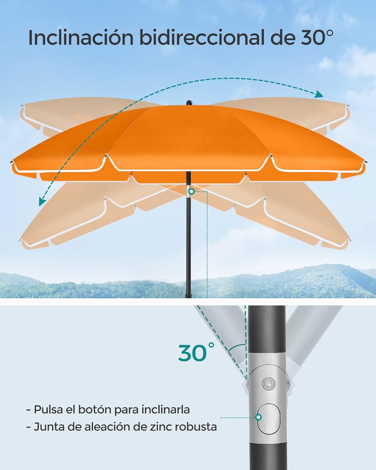 Sombrilla de Playa y Jardín 200 cm – Protección UPF 50+, Inclinación Ajustable y Altura Regulable con Bolsa de Transporte