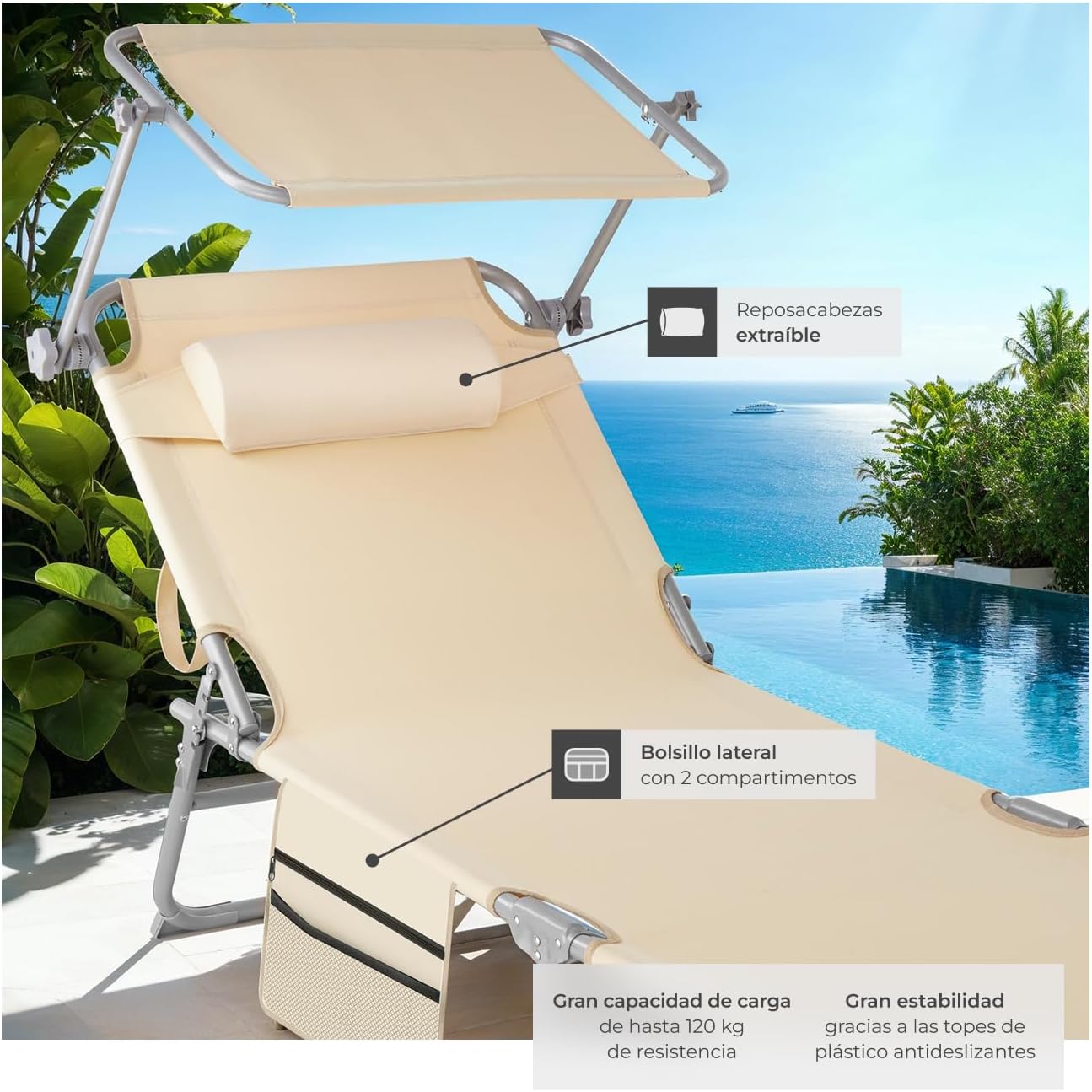 Tumbona Plegable de Jardín de Acero – Reclinable 6 Posiciones con Parasol, Reposacabezas y Bolsillo Lateral
