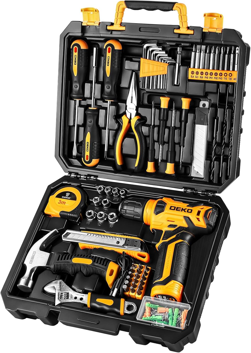 DEKO Juego Completo de Herramientas con Destornillador Eléctrico/Taladro de 8V, Maletín Profesional de 126 Piezas, Set Premium de Herramientas para Bricolaje en Hogar, Oficina y Jardín, Gris