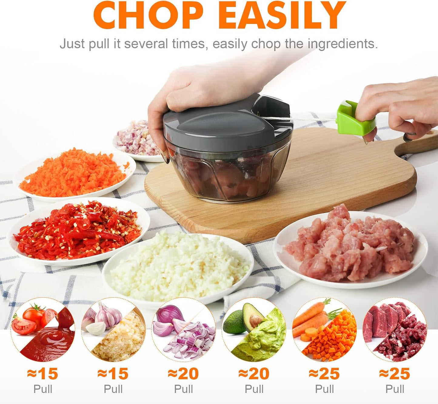 Picadora Manual de Alimentos Multifuncional – Cortador para Cebolla, Ajo y Verduras con Sistema de Tirador