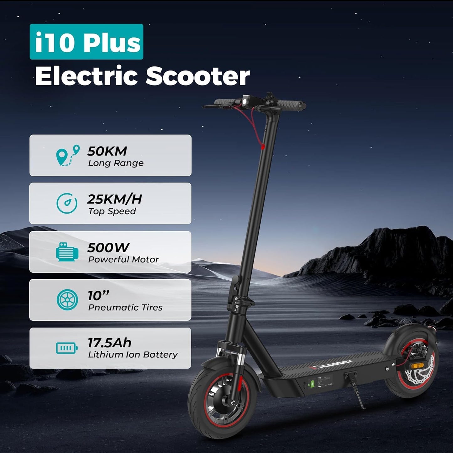 Patinete Eléctrico Plegable para Adultos – Autonomía 40–50 km, Ruedas 10”, Doble Suspensión y Control por App
