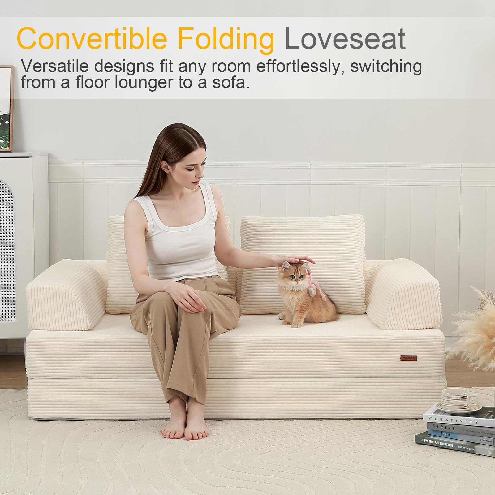 MeMoreCool Sofá-cama conversível, sofá dobrável de veludo con almofadas, sofá sem ossos, confortável sofá de dois lugares para sala de estar e quarto, cor bege