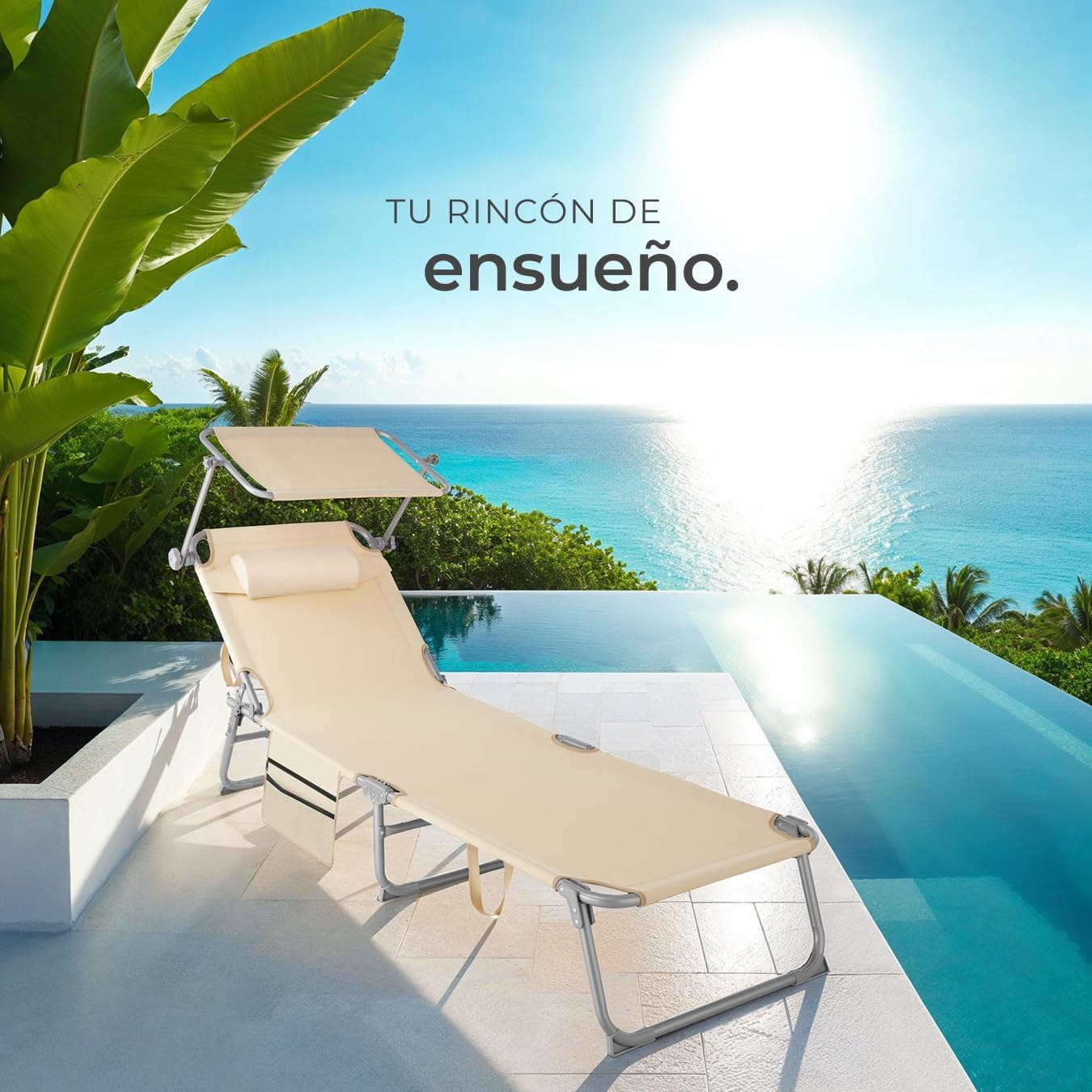 Tumbona Plegable de Jardín de Acero – Reclinable 6 Posiciones con Parasol, Reposacabezas y Bolsillo Lateral