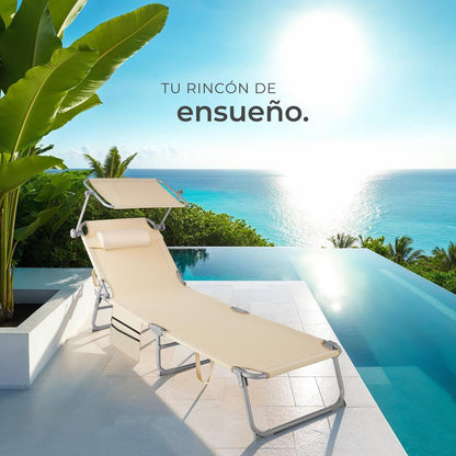 Tumbona Plegable de Jardín de Acero – Reclinable 6 Posiciones con Parasol, Reposacabezas y Bolsillo Lateral