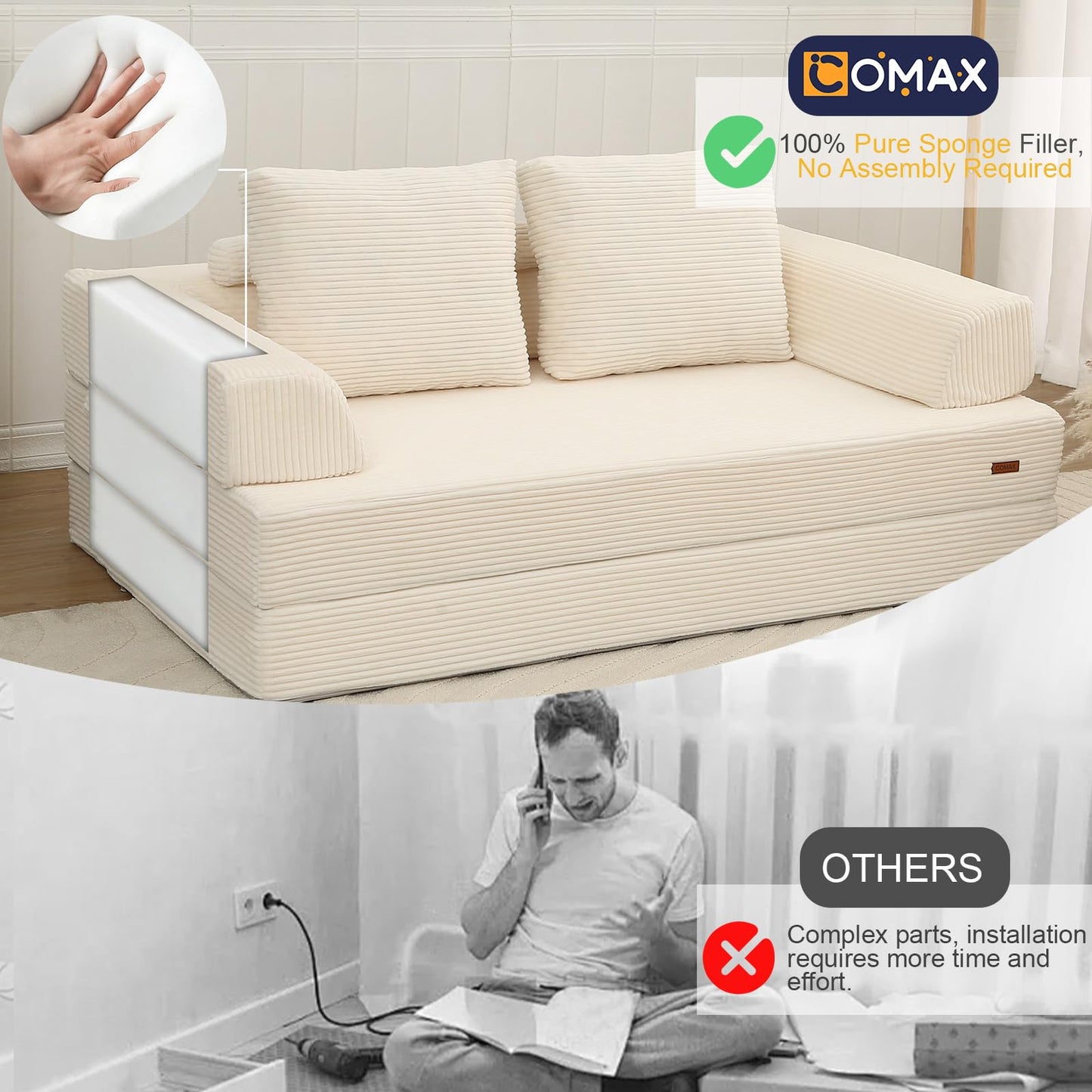 MeMoreCool Sofá-cama conversível, sofá dobrável de veludo con almofadas, sofá sem ossos, confortável sofá de dois lugares para sala de estar e quarto, cor bege