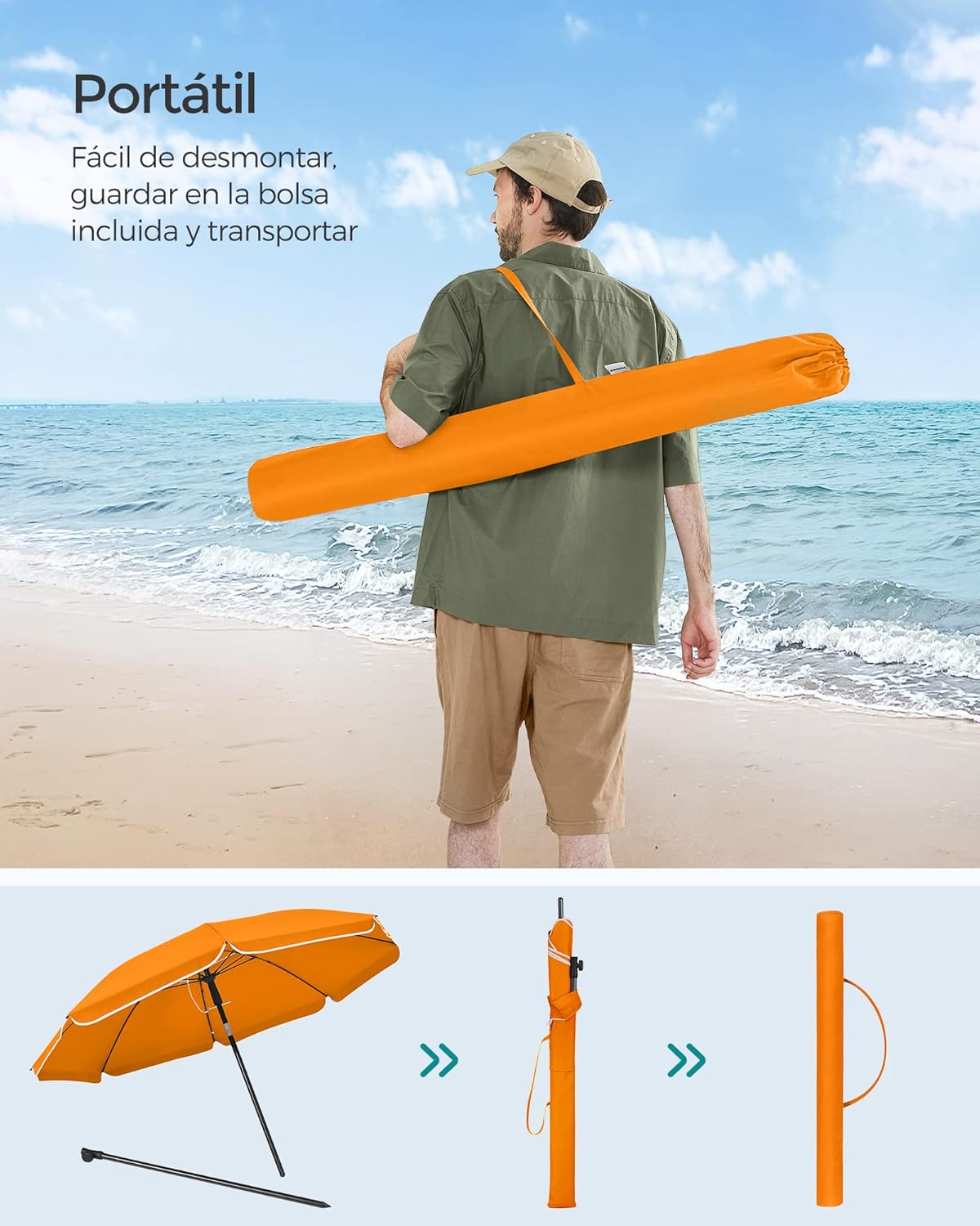 Sombrilla de Playa y Jardín 200 cm – Protección UPF 50+, Inclinación Ajustable y Altura Regulable con Bolsa de Transporte