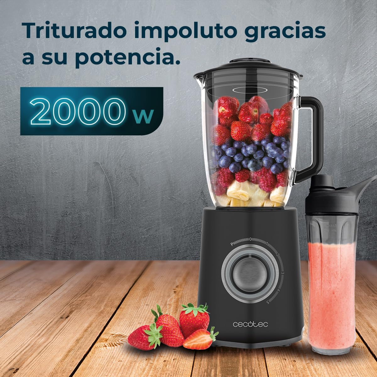 Cecotec Batidora de Vaso Power Black Titanium 2000MAX Mix Go. Potência Máxima de 2000W, Acabamentos em Acero Inoxidable, Cuchilla com Revestimento de Titanio Negro, Capacidade 1,5L