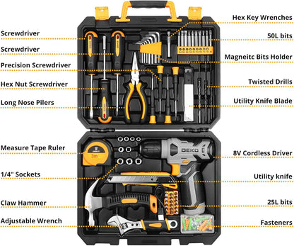 Kit de Herramientas Completo con Taladro Atornillador 8V – Maletín 126 Piezas para Bricolaje y Hogar