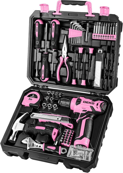 DEKO Juego Completo de Herramientas con Destornillador Eléctrico/Taladro de 8V, Maletín Profesional de 126 Piezas, Set Premium de Herramientas para Bricolaje en Hogar, Oficina y Jardín, Gris